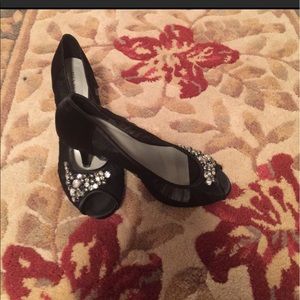 Satin and mesh MenBur peep toe Embellished pumps